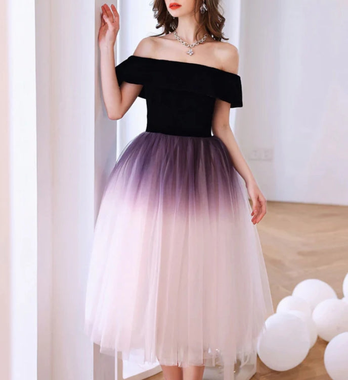 Cute A-Line Purple Tulle Off Shoulder Gradient Party Dress Purple Tulle Short Homecoming Dress