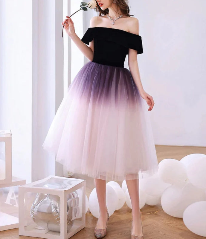 Cute A-Line Purple Tulle Off Shoulder Gradient Party Dress Purple Tulle Short Homecoming Dress