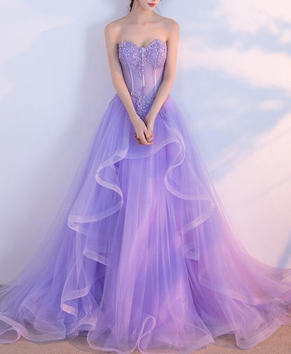 Light Purple Layers Tulle Lace Applique Long Formal Dress Purple Evening Dress Prom Dress