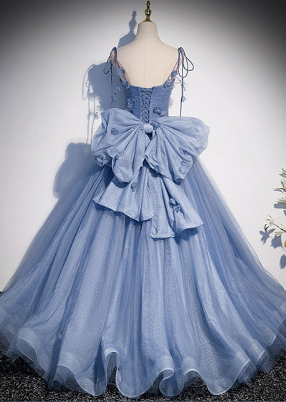 Fairytale Blue Flowers Long Tulle Ballgown Prom Dress With Bow