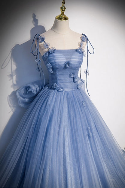 Fairytale Blue Flowers Long Tulle Ballgown Prom Dress With Bow