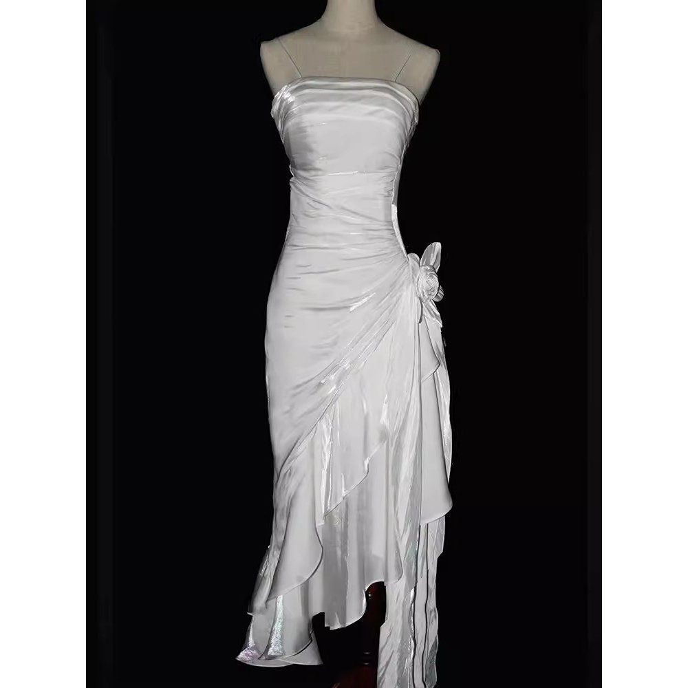 Charming Mermaid High Low Satin Straps Party Dress Vintage Style Prom Dress