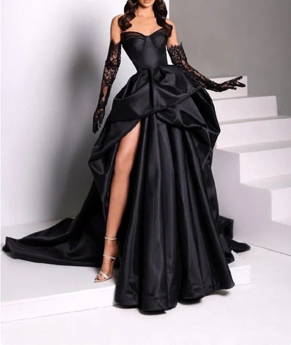 Sexy Taffeta Prom Dress Long Floor-length Lace Gloves With Slit