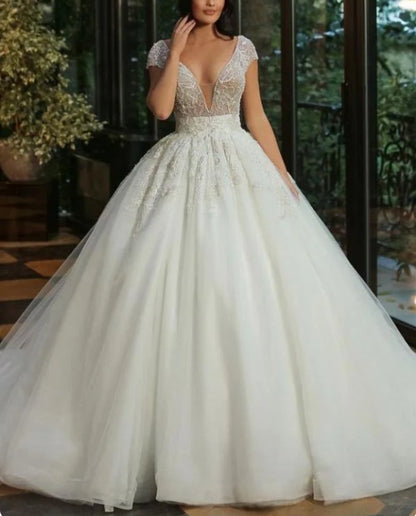 A-line V-neck Long Cap Sleeveless Wedding Dress With Beads Tulle