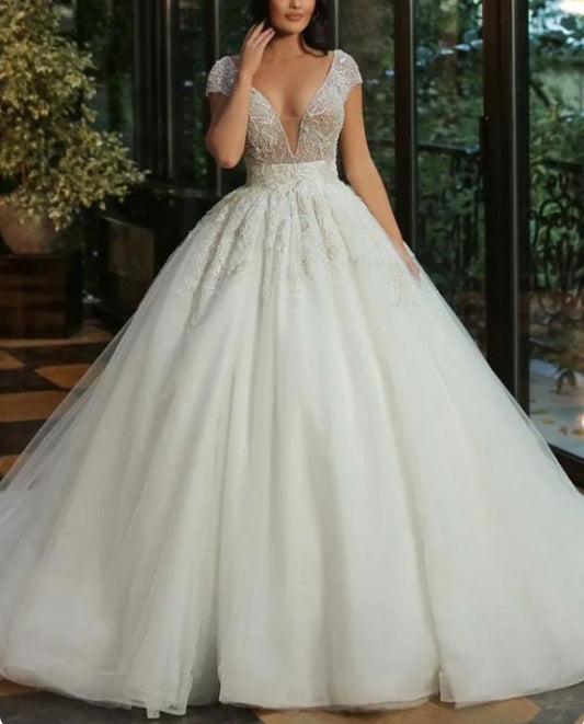 A-line V-neck Long Cap Sleeveless Wedding Dress With Beads Tulle