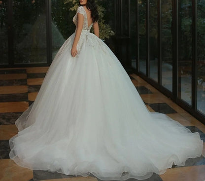 A-line V-neck Long Cap Sleeveless Wedding Dress With Beads Tulle