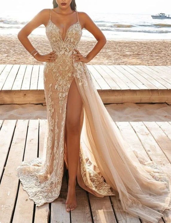 Mermaid Spaghetti-Strap V-Neck Wedding Dress&nbsp;Beadings With Slit