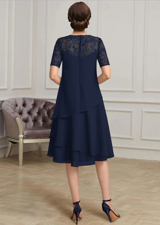 A-Line Mother of the Bride Dress Elegant Jewel Neck Short Sleeve with Lace