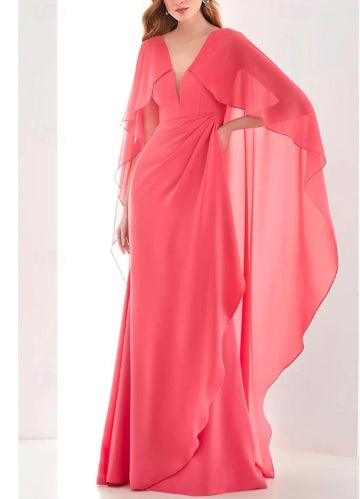 Sheath / Column Evening Gown Elegant Dress Long Sleeve V Neck Chiffon with Ruched Ruffles