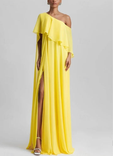 A-Line Evening Gown Wedding Guest Floor Length Sleeveless One Shoulder Chiffon with Ruffles Slit