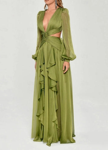 A-Line Evening Gown Elegant Floor Length Long Sleeve V Neck Chiffon Crisscross Back with Criss Cross Ruffles