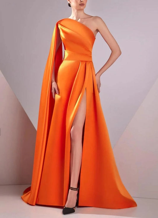 A-Line Evening Gown Sleeveless One Shoulder Pocket Satin with Ruched