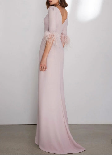 Evening Gown Wedding Guest Dress Floor Length 3/4 Length Sleeve Jewel Neck Stretch Crepe with Feather