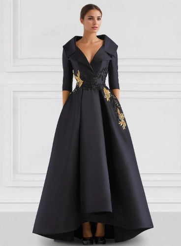 A-Line Evening Gown Floor Length Long Sleeve V Neck Pocket Satin with Beading Appliques