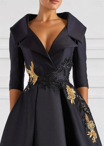 A-Line Evening Gown Floor Length Long Sleeve V Neck Pocket Satin with Beading Appliques