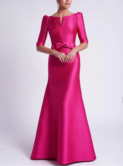 A-Line Evening Gown Wedding Guest Floor Length 3/4 Length Sleeve V Neck Satin with Bow(s)