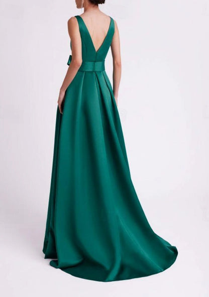 A-Line Evening Gown High Split Dress Sleeveless V Neck Belt / Sash Satin with Slit