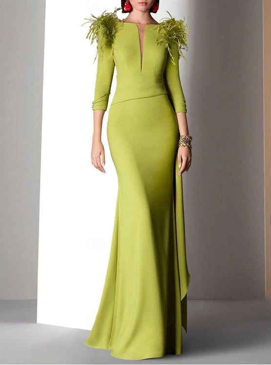 Mermaid / Trumpet Evening Gown Formal Fall Floor Length 3/4 Length Sleeve V Neck Satin with Feather Ruched Ruffles