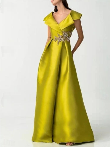 A-Line Evening Gown Elegant Floor Length Short Sleeve V Neck Pocket Satin with Rhineston