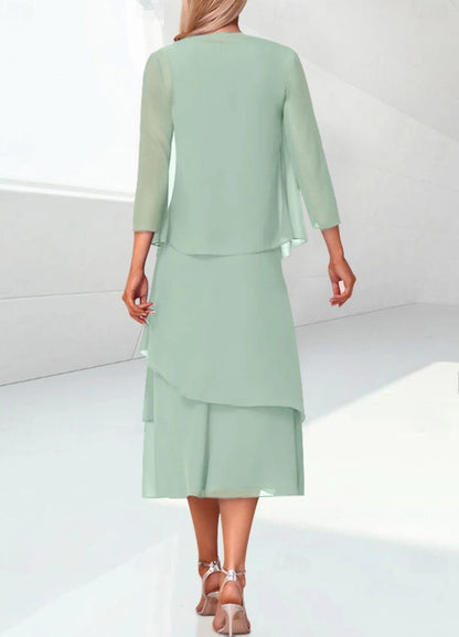 Sage Mother of the Bride Dress Wedding Guest Tea Lengthn Tiered Chiffon 3/4 Length Sleeve with Ruching