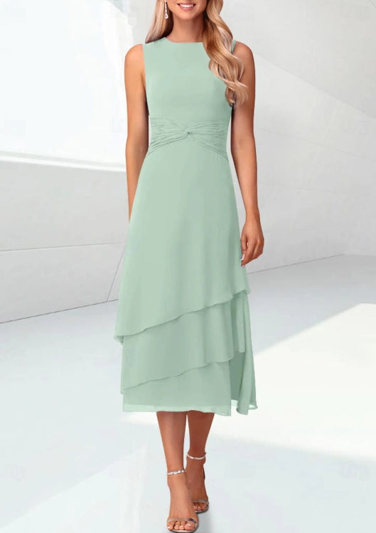 Sage Mother of the Bride Dress Wedding Guest Tea Lengthn Tiered Chiffon 3/4 Length Sleeve with Ruching