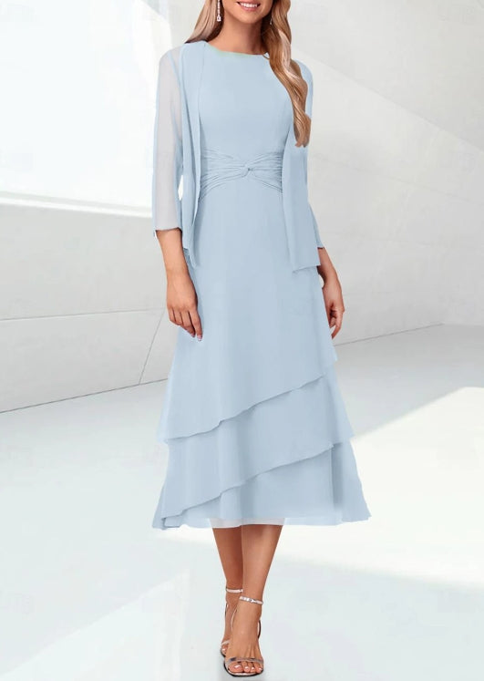 Sage Mother of the Bride Dress Wedding Guest Tea Lengthn Tiered Chiffon 3/4 Length Sleeve with Ruching