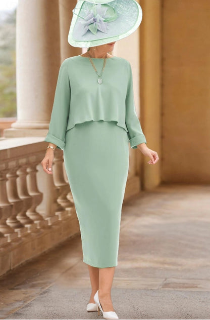 Sheath / Column Mother of the Bride Dress Jewel Neck Tea Length Stretch Fabric 3/4 Length Sleeve with Pleats