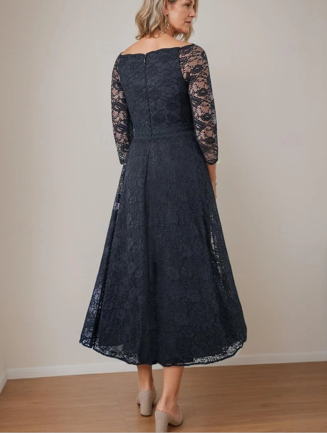 A-Line  V Neck Tea Length Lace 3/4 Length Sleeve with Lace Mother of the Bride Dress