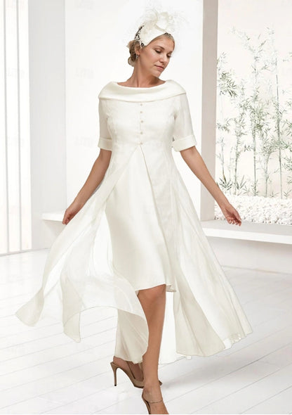 Two Piece Knee Length Chiffon Half Sleeve with Buttons Solid Color Mother of the Bride Dress Off Shoulder