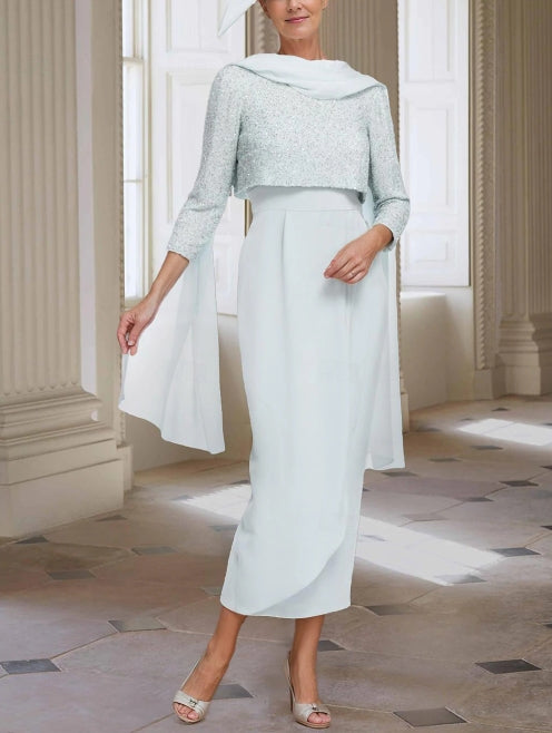 Sheath / Column Jewel Neck Tea Length Chiffon 3/4 Length Sleeve with Solid Color Mother of the Bride Dress