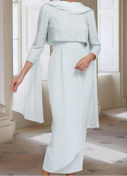 Sheath / Column Jewel Neck Tea Length Chiffon 3/4 Length Sleeve with Solid Color Mother of the Bride Dress