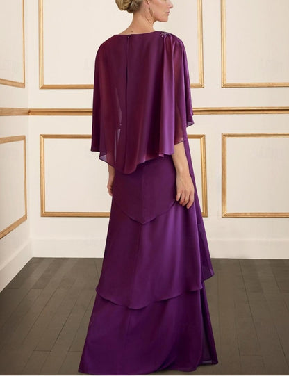 Sheath / Column Mother of the Bride Dress Wedding Guest Elegant Simple Floor Length Chiffon with Tier Solid Color