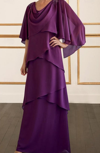 Sheath / Column Mother of the Bride Dress Wedding Guest Elegant Simple Floor Length Chiffon with Tier Solid Color