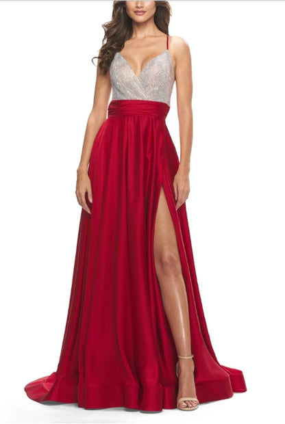 A-Line Prom Dress V-Neck Spaghetti Strap Dress Beaded Satin Evening Dress