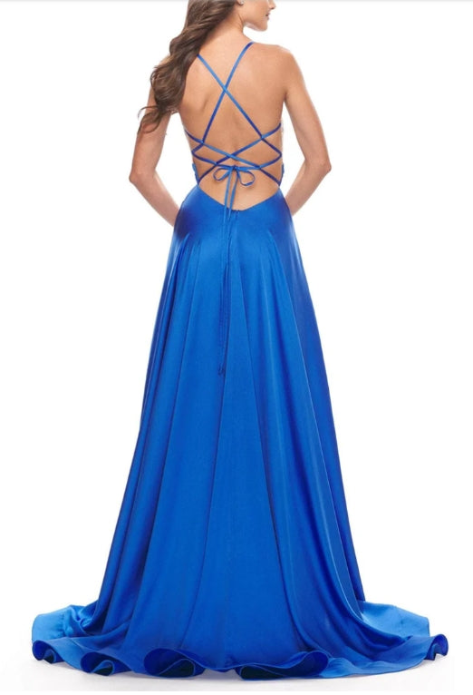 A-Line Prom Dress V-Neck Spaghetti Strap Dress Beaded Satin Evening Dress