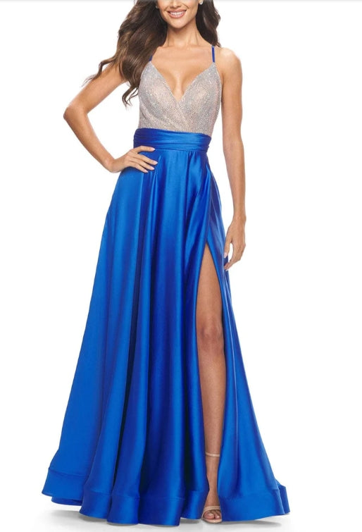 A-Line Prom Dress V-Neck Spaghetti Strap Dress Beaded Satin Evening Dress