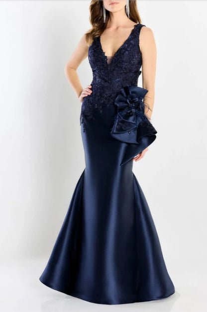 Satin Embroidered Mermaid V-Neck Formal Evening Gown