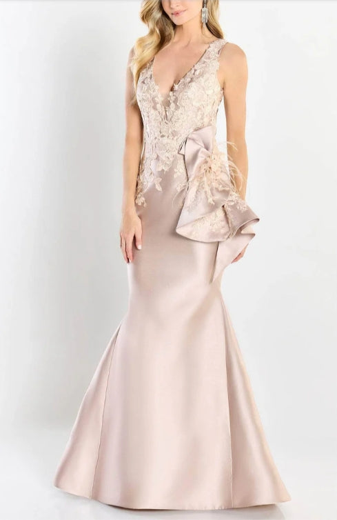 Satin Embroidered Mermaid V-Neck Formal Evening Gown