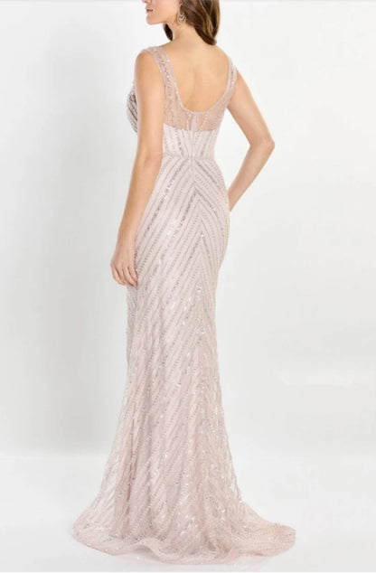 Pearl Beaded Illusion V-Neck Evening Dress With Slit