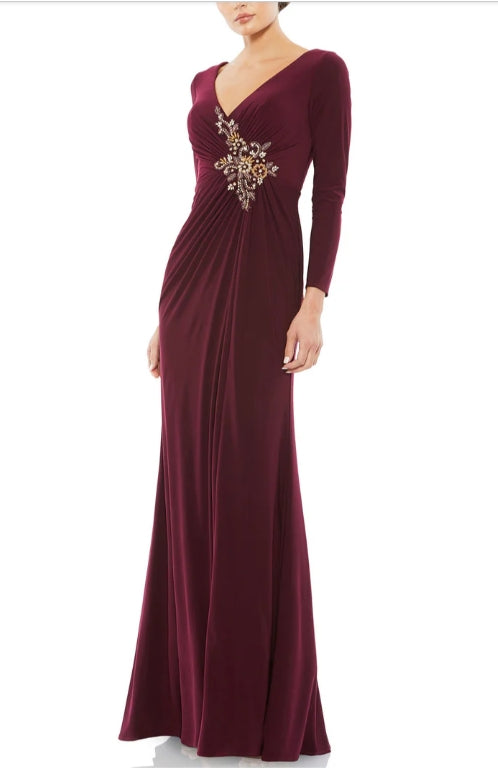 Long Sleeve Ruched V-Neck Floor-length Formal Evening Dress