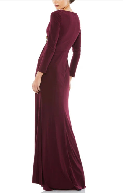 Long Sleeve Ruched V-Neck Floor-length Formal Evening Dress