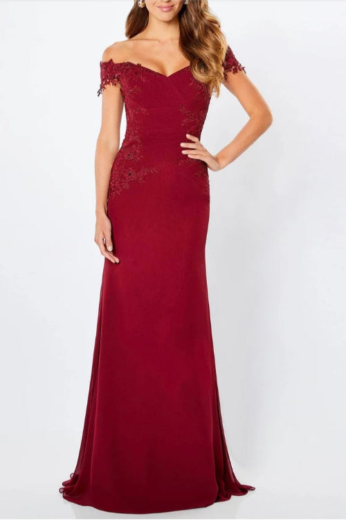 Burgundy Laced Sleeves Off Shoulder Formal Evening Dress Sweep/Brush Train Dresses