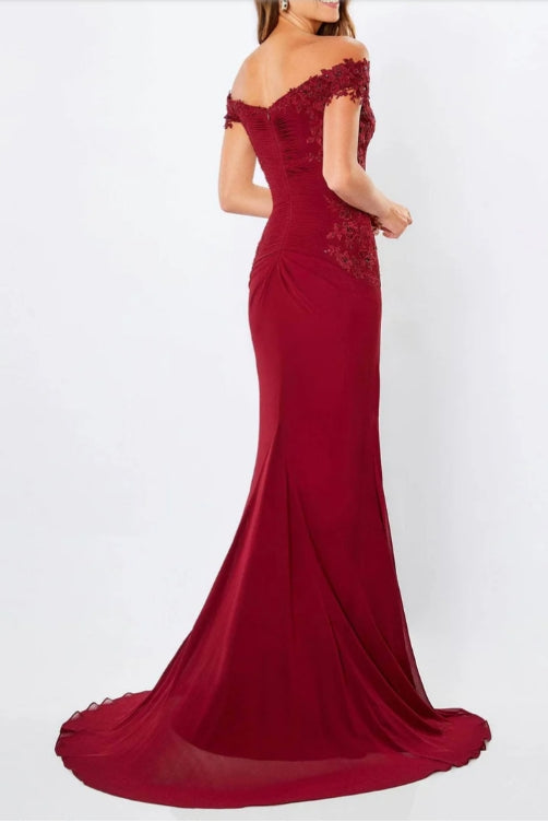 Burgundy Laced Sleeves Off Shoulder Formal Evening Dress Sweep/Brush Train Dresses