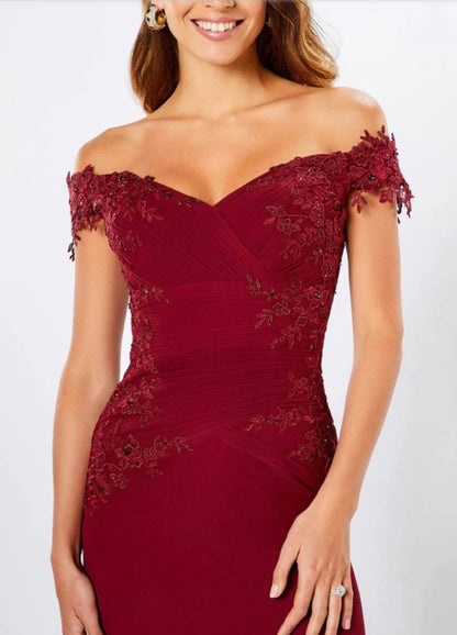 Burgundy Laced Sleeves Off Shoulder Formal Evening Dress Sweep/Brush Train Dresses