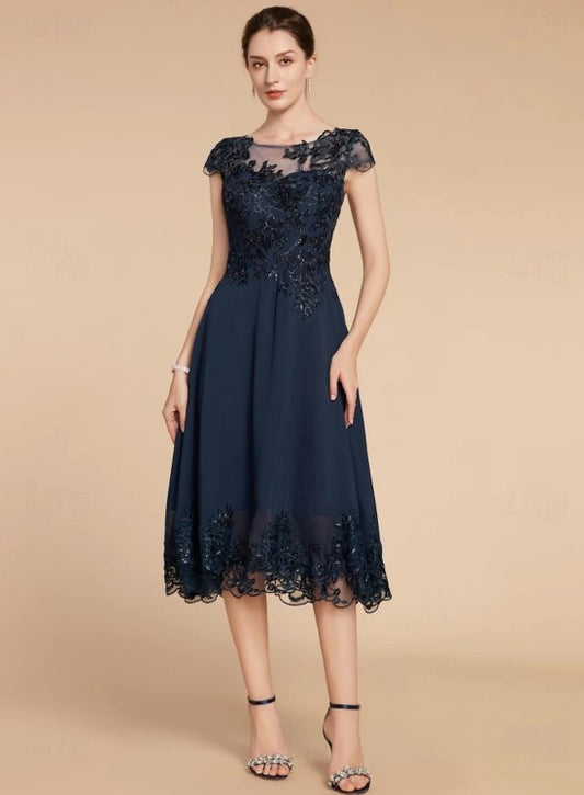 A-Line Mother of the Bride Dress Wedding Guest Elegant Scoop Neck Tea Length Chiffon Lace Cap Sleeve with Sequin