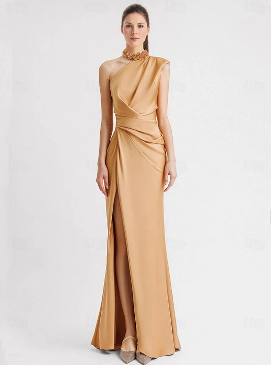 Sheath / Column Evening Gown Floor Length Sleeveless One Shoulder Pocket Satin with Appliques