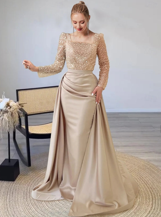 Mermaid / Trumpet Evening Gown Formal Christmas Floor Length Long Sleeve Illusion Neck Champagne Mother Of the Bride Dress Sequined with Pearls Overskirt