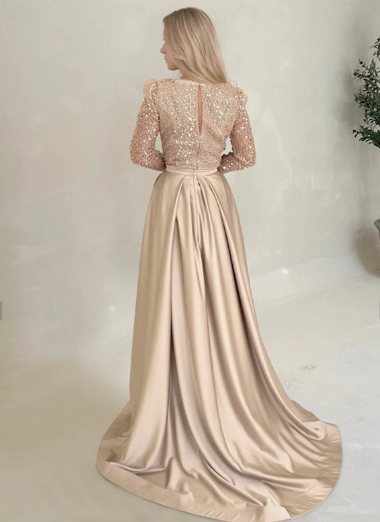 Mermaid / Trumpet Evening Gown Formal Christmas Floor Length Long Sleeve Illusion Neck Champagne Mother Of the Bride Dress Sequined with Pearls Overskirt