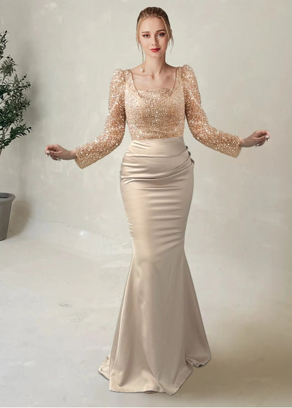 Mermaid / Trumpet Evening Gown Formal Christmas Floor Length Long Sleeve Illusion Neck Champagne Mother Of the Bride Dress Sequined with Pearls Overskirt