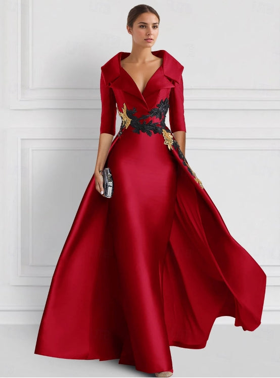 A-Line Evening Gown Elegant Floor Length 3/4 Length Sleeve Shirt Collar Satin with Appliques